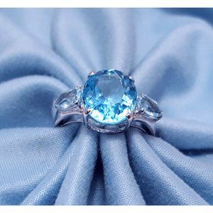 Elegant 10K Karat Solid White Gold Blue Topaz Gemstone Birthstone Ring Size 7.25